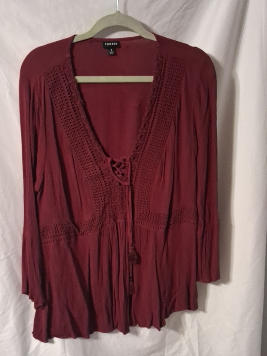 torrid Tops - torrid Wine Crochet-Trim Peasant Tunic